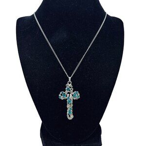 Silver Tone Curb Chain Necklace With Aqua Rhinestone Cross Pendant (816)